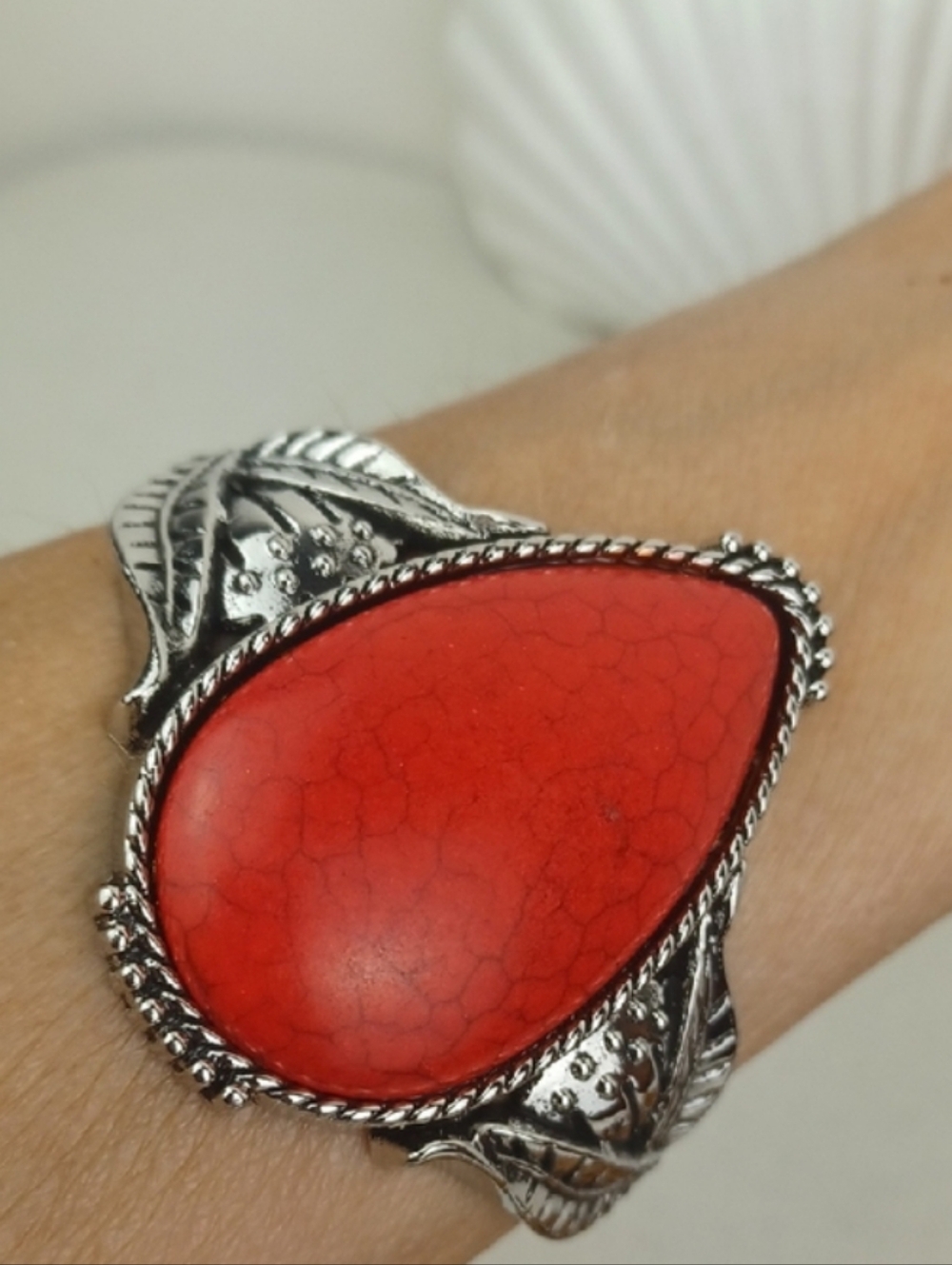 t Red Teardrop Earthy Stone & Highly Crafted  Silver Tone Cuff Bracelet